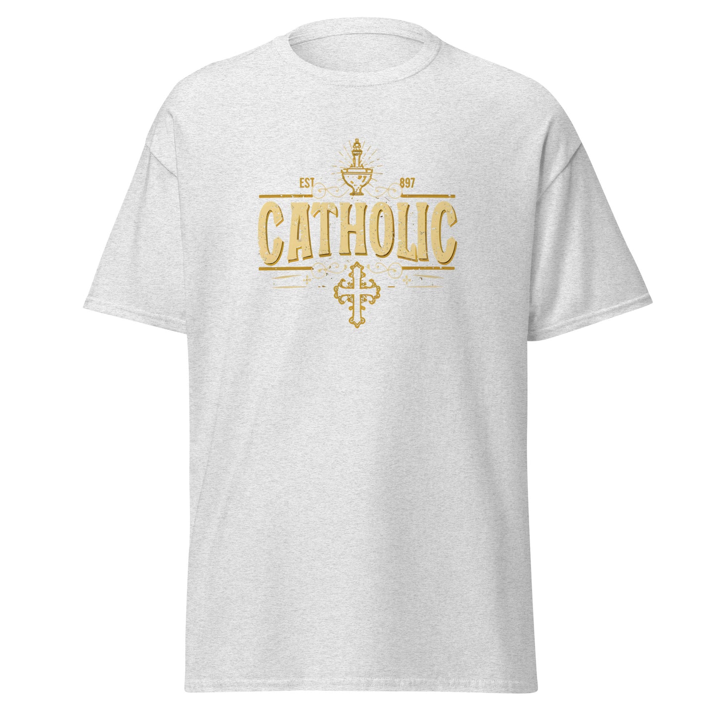 "Catholic" gold color statement with the cross below - Men's classic tee