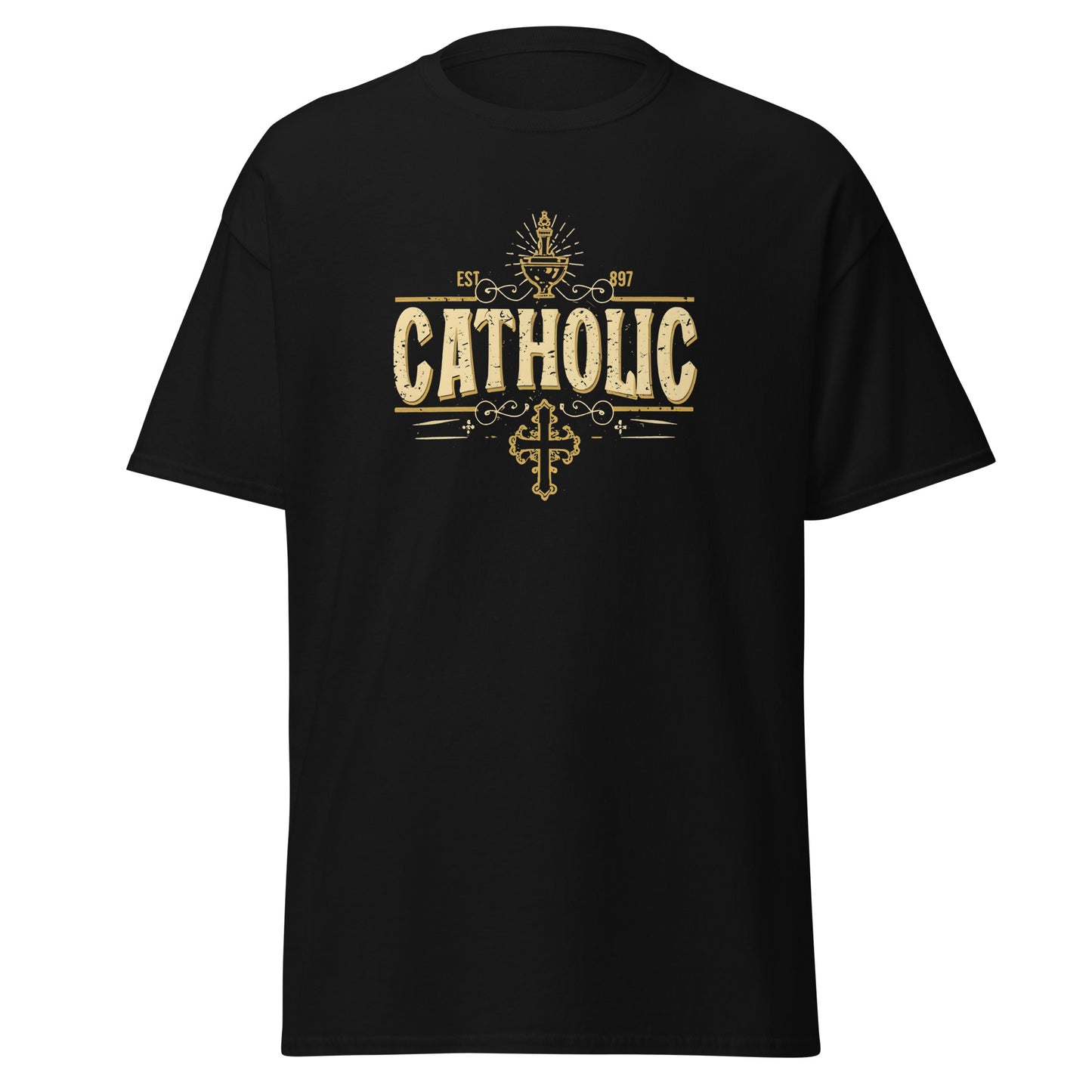 "Catholic" gold color statement with the cross below - Men's classic tee