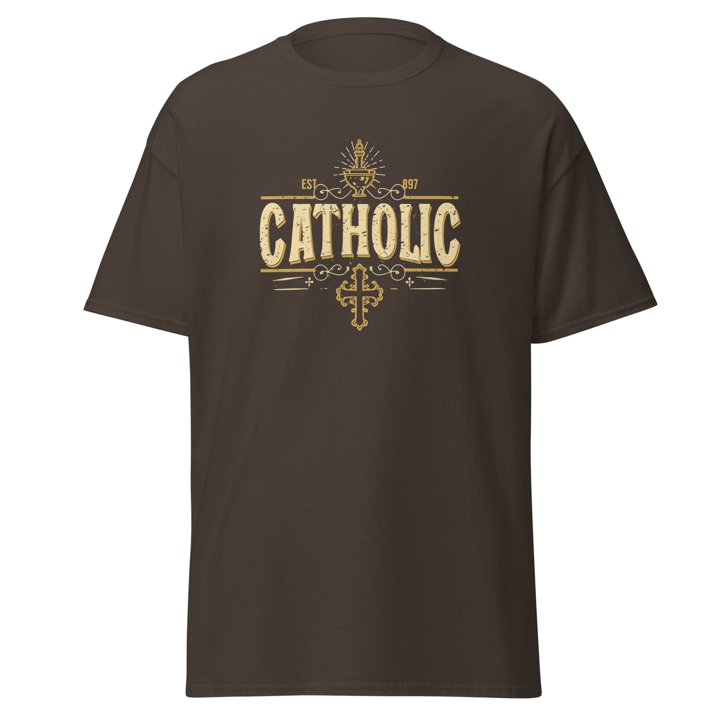 "Catholic" gold color statement with the cross below - Men's classic tee