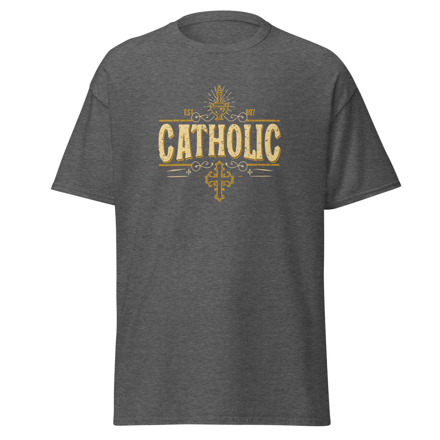 "Catholic" gold color statement with the cross below - Men's classic tee