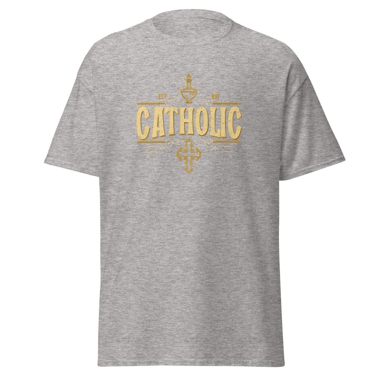 "Catholic" gold color statement with the cross below - Men's classic tee