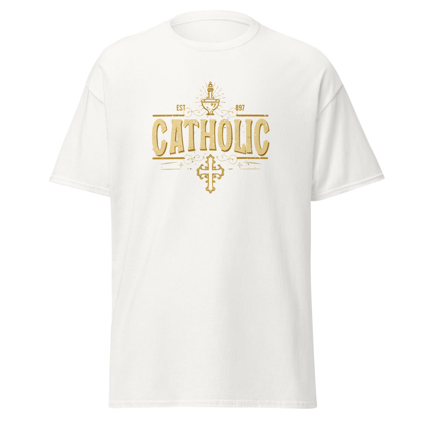 "Catholic" gold color statement with the cross below - Men's classic tee